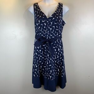Nine West Fit & Flare Dress Womens 20W Navy Blue Polka Dot Back Zip Sash Retro‎